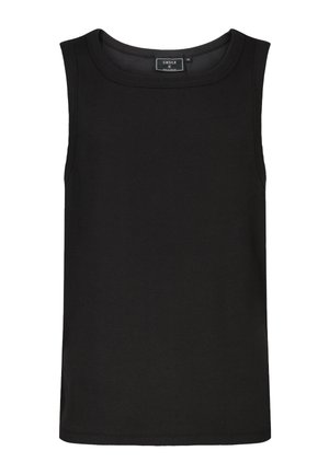 Musta, hihaton ribbineulottu toppi, pyöreällä pääntiellä ja SikSilk-merkkilapulla kauluksen sisäpuolella, koko medium.