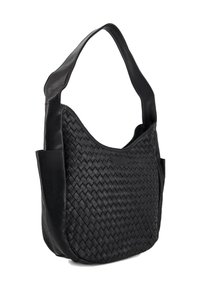 Schwarze Leder-Schultertasche mit geflochtenem Frontpanel und glatten Lederseiten, ausgestattet mit einem breiten Trageriemen und einer geschwungenen oberen Kante.