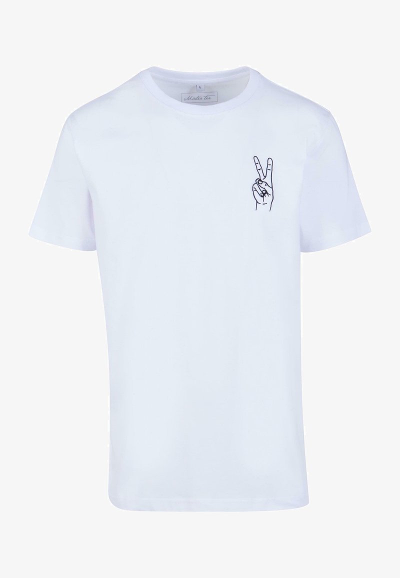 Weißes Baumwoll-T-Shirt mit Rundhalsausschnitt, kurzen Ärmeln und einem schwarzen Druck einer Hand, die ein Friedenszeichen macht, auf der linken Brustseite.
