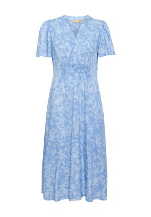 Šaty po kolena s květinovým potiskem v světle modré látce. Mají krátké rukávy, výstřih do V a smockovaný pas pro přidanou strukturu.