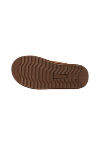 Braune Gummisohle mit strukturiertem Muster, das ein Chevron-Design für den Halt und einen flachen Absatz aufweist.
