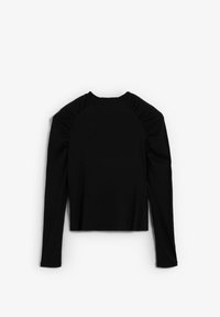 Black long-sleeve top made of ribbed fabric, featuring gathered detailing at the shoulders and a round neckline.