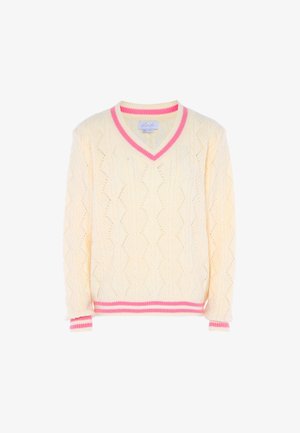 Maglione a collo a V in giallo chiaro con dettagli a coste rosa sul colletto e sui polsini; presenta un motivo testurizzato su tutta la superficie del tessuto.