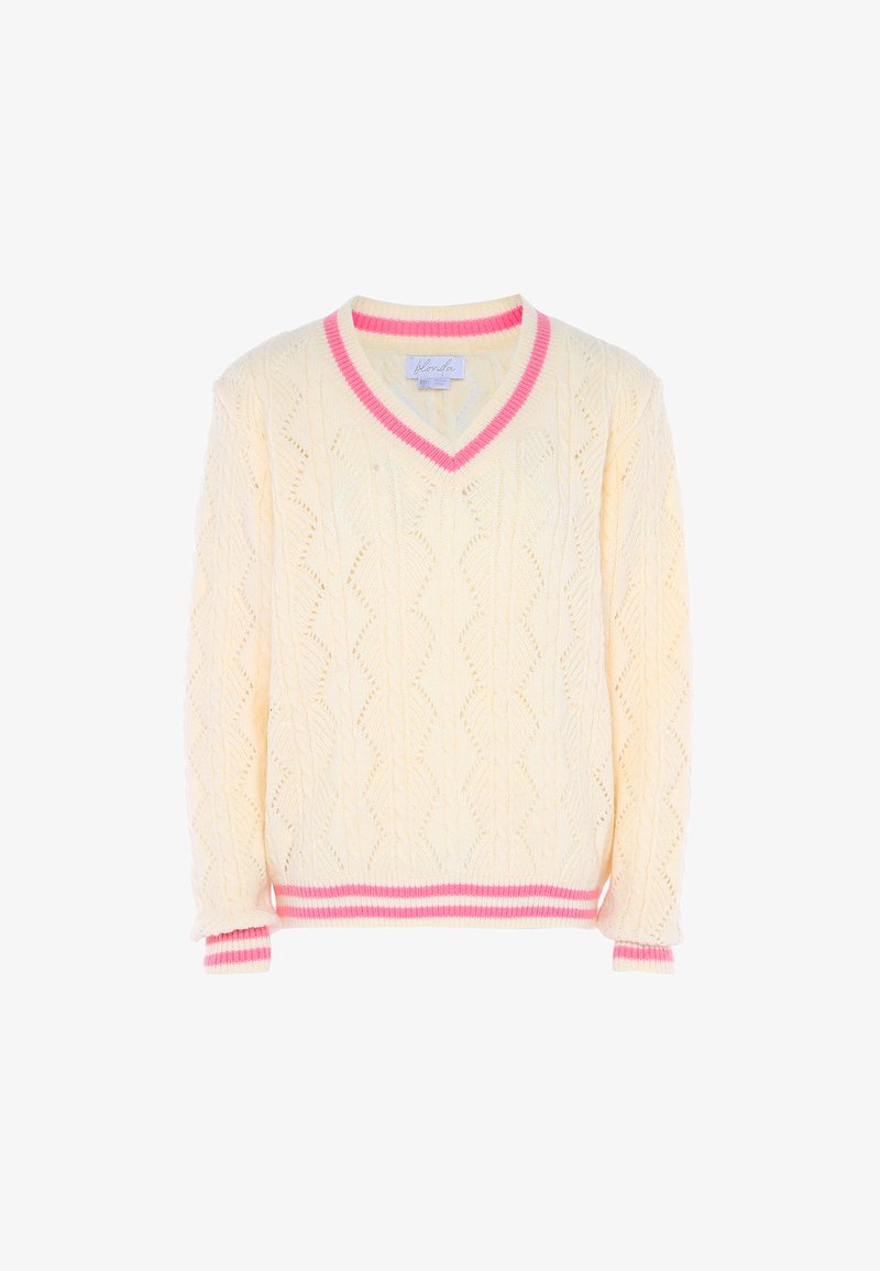 V-aukkoinen neulepaita vaaleankeltaisena, jossa on vaaleanpunaiset ribbireunat kauluksessa ja hihoissa; kankaassa on tekstuuri.