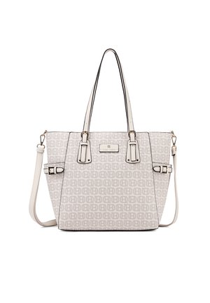 Borsa tote bianca con motivo geometrico grigio chiaro su tutta la superficie, doppi manici superiori, dettagli con fibbia laterale e tracolla removibile.