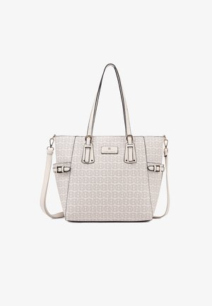 Sac fourre-tout blanc avec un motif géométrique gris clair sur toute la surface, deux poignées supérieures, accents de boucles latérales et bandoulière amovible.