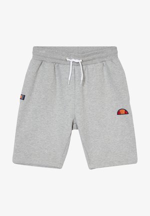 Gray cotton shorts with an elastic waistband and white drawstring. Features a small multicolored logo patch on the left leg.