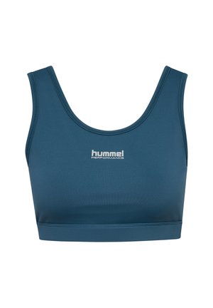 Blauwe sportbeha met een ronde halslijn en brede bandjes. Gemaakt van glad, rekbaar materiaal. Voorzien van een wit "hummel PERFORMANCE" logo.