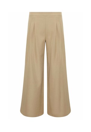 Beige wide-leg cropped broek met plooien aan de voorkant en een hoge tailleband, ontworpen voor een losse, vloeiende pasvorm.