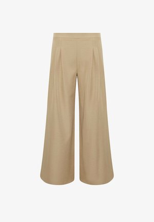 Pantalon beige à jambes larges et longueur raccourcie avec plis sur le devant et taille haute, conçu pour une coupe ample et fluide.
