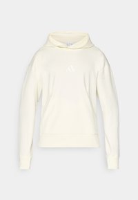 Sweatshirt capuz de cor amarelo claro com um padrão texturizado, gola alta, mangas longas e um pequeno logo branco no peito. Acabamento em tecido suave.