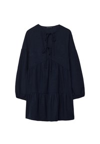 Vestido azul marino de manga larga con escote redondo, detalle de lazo y dobladillo en capas. Fabricado en tejido texturizado con forma de A.