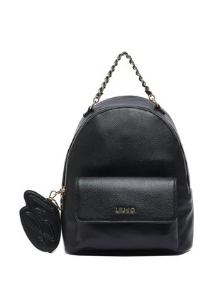 Zaino Liu Jo in pelle nera con tasca frontale, logo dorato, catena e manico superiore in pelle, e portachiavi firmato in pelle nera allegato.