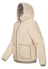 Krämfärgad huvtröja i fleece med en texturerad yta, som har två framfickor och kontrasterande beige dragkedja och nederkant.