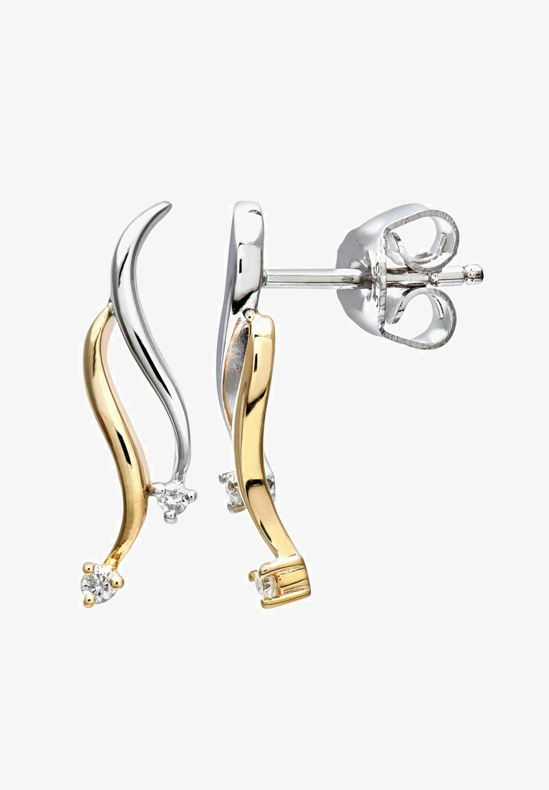 Kuld- ja hõbetoonis lainelised kõrvarõngad, mille otstes on väikesed kalliskivid. Metallpind on sädelev ja disainis on kaasaegne kõverus.