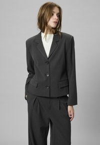 Ženska z svetlo rjavimi lasmi nosi temno sivo obleko s prugicami, ki vključuje blazer s tremi gumbi in široke hlače z naborki, z rokami v žepih, gleda vstran.