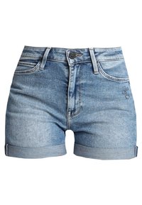 Ljusblå jeansshorts med hög midja, uppvikta kanter, framfickor och en liten logotyp broderad på höger sida.