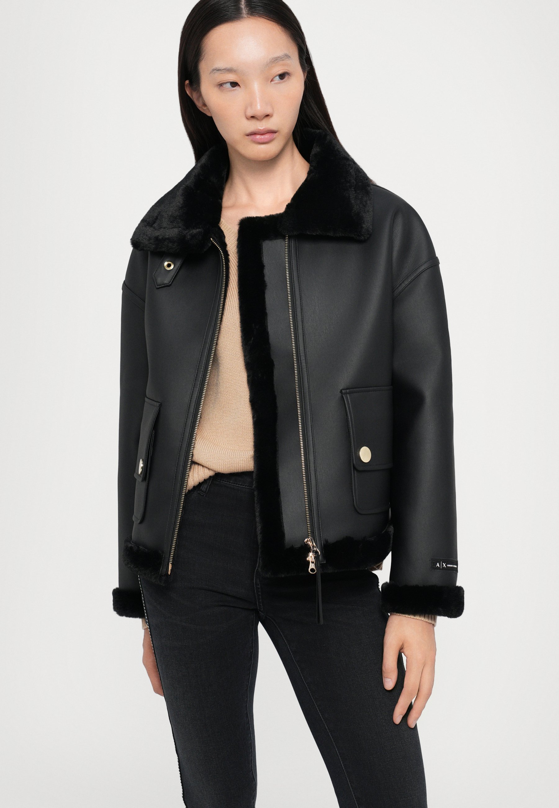 Faux - JACKET Exchange Armani ファー付きライダースジャケット Exchange Armani leather Zalando.co.uk - black - jacket ジャケット・アウター