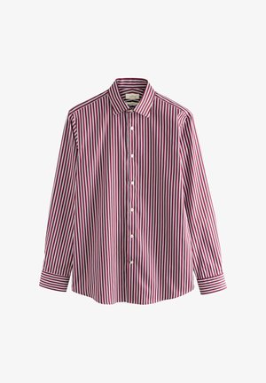 Camicetta a righe rosse e bianche con bottoni davanti, collo, maniche lunghe e bottoni bianchi. Il tessuto è liscio con righe verticali su tutta la superficie.