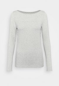 Svetle šedé dlouhé tričko s kulatým výstřihem, vyrobené z měkké látky, s mírně přiléhavým střihem a žebrovanými detaily na výstřihu.