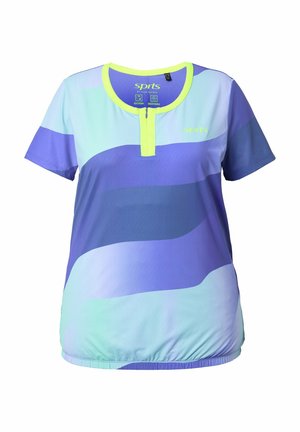Sportshirt mit kurzen Ärmeln, blauen und violetten abstrakten Wellen, neon gelbem Kragen und Reißverschluss, atmungsaktiver Stoff, schnell trocknendes Design.