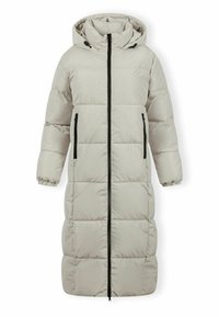 Pitkä beige pehmustettu talvitakki hupulla, täyspitkä musta vetoketju, joustavat hihansuut ja kaksi vetoketjullista sivutaskua.