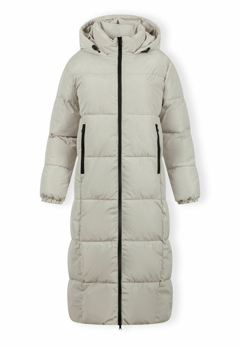 Pitkä beige pehmustettu talvitakki hupulla, täyspitkä musta vetoketju, joustavat hihansuut ja kaksi vetoketjullista sivutaskua.