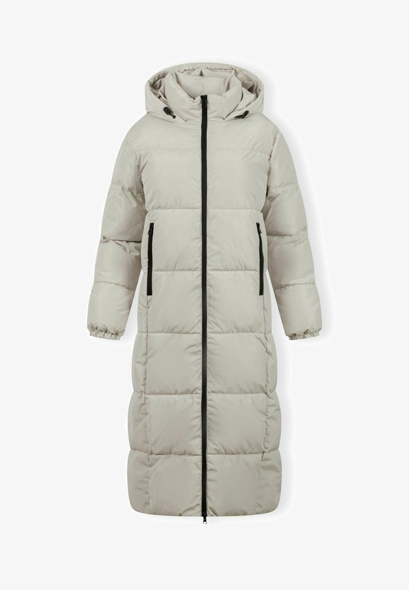 Pitkä beige pehmustettu talvitakki hupulla, täyspitkä musta vetoketju, joustavat hihansuut ja kaksi vetoketjullista sivutaskua.