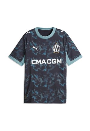 Mørkeblå og lyseblå mønstret fodboldtrøje med Puma-logo, CMA CGM sponsor og Marseille klubmærke på brystet.