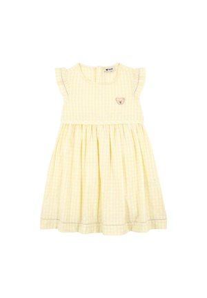 Gelbes Gingham-Kleid mit kurzen, gerafften Ärmeln, tailliertem Bund und einem Bärenaufnäher auf der Brust. Es hat einen Rundhalsausschnitt und einen ausgestellten Rock.