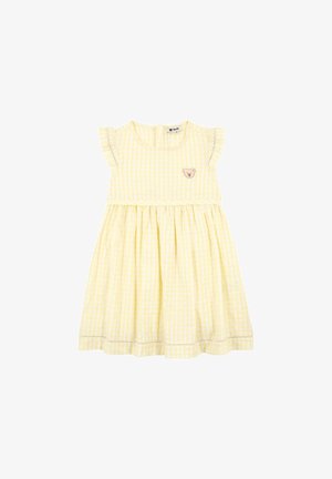 Robe en vichy jaune avec manches courtes à volants, taille froncée et patch d'ours sur la poitrine. Elle présente un col rond et une jupe évasée.