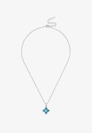 Silberfarbener Kettenhalsreif mit einem Kreuzanhänger, der mit vier blauen Steinen verziert ist. Das Design umfasst eine zarte Kette und einen Verschluss.