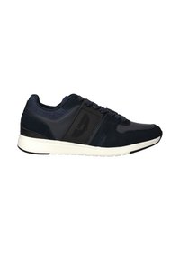 Marine sneakers met een mix van gladde en gestructureerde materialen, voorzien van een zwart accentpaneel, vetersluiting en een witte rubberen zool.