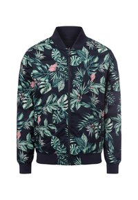 Blumen-Bomberjacke in dunkelblau mit einem Muster aus tropischen Blättern und pinken Blumen, mit Reißverschluss vorne, gerippten Bündchen und Saum. Glatte Oberfläche.
