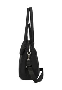 Black, quilted fabric bag with two long handles and a detachable strap. Features a silver zipper and hardware accents. Rounded shape.