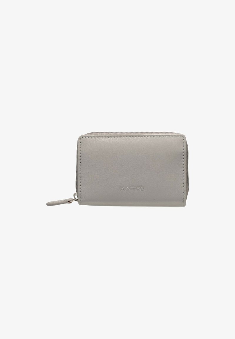 Gray leather wallet with a rectangular shape, zipper closure, visible stitching, and embossed branding on the front. Smooth texture.