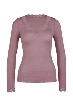 Top a maniche lunghe in morbido tessuto mauve con texture a coste, caratterizzato da un colletto in pizzo ondulato e rifiniture in pizzo sulle maniche.