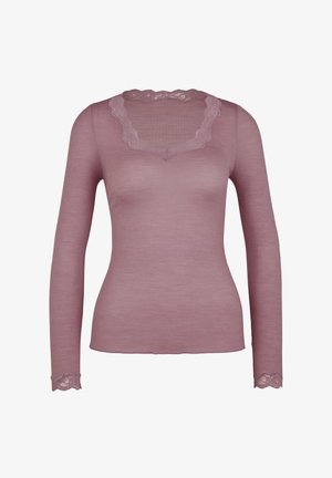 Long-sleeve top in soft mauve fabric with ribbed texture, featuring a scalloped lace neckline and lace trim on sleeves.
