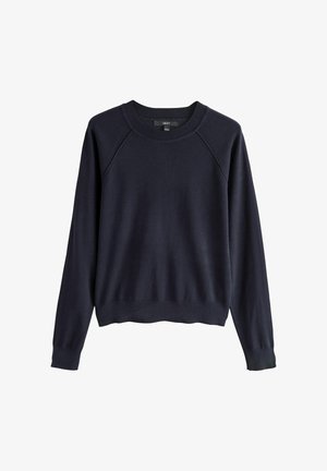 Mornarsko plavi pamučni dukserica s dugim raglan rukavima, rebrastim okruglim izrezom i manžetama. Glatka tekstura i blago prilagođen donji rub.