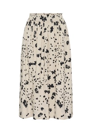 Cream-colored midi skirt with black scattered floral print and gathered elastic waistband.