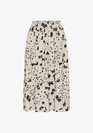 Jupe midi couleur crème avec imprimé floral noir dispersé et taille élastique froncée.