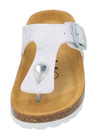 White sandal with heart pattern. Cork footbed and white sole. Features a plastic toe post and adjustable metal buckle for fit.
