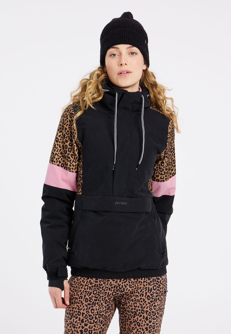 Schwarze Pulloverjacke mit Ärmeln im Leopardenmuster, pinken Akzenten, verstellbarem Kapuzenkragen und Fronttasche. Strukturierter Stoff und passende Bündchen.