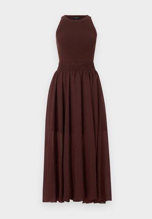 Varrukateta tumepruun maksikleit soonikkoes kujundusega bodi, soonitud vöökoht ja voolav õhuline seelik.