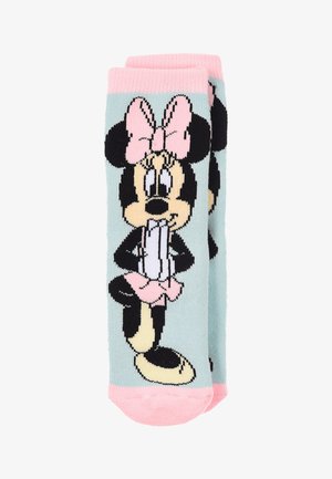 Knee-high socks featuring a black and white character with a pink bow, on a light blue background, accented by a pink cuff and toe.