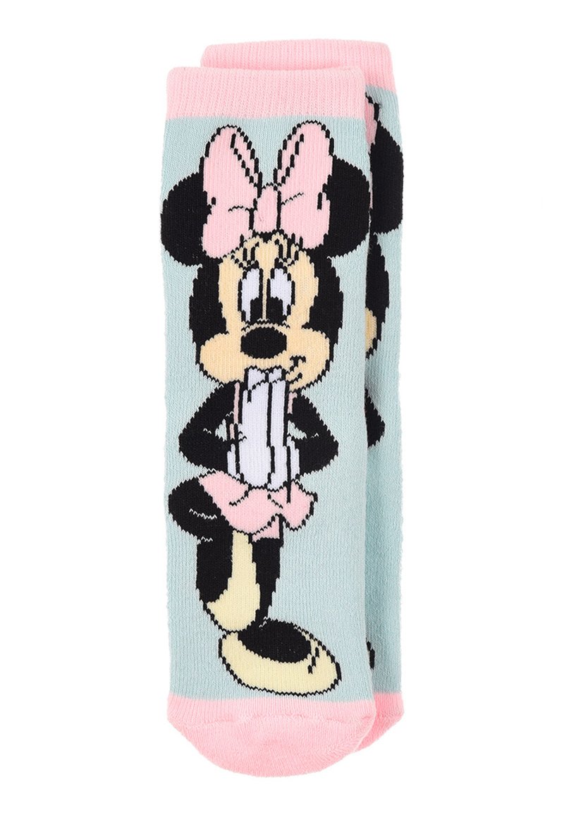 Kniestrümpfe mit einer schwarz-weißen Figur mit einer rosa Schleife auf hellem blauem Hintergrund, akzentuiert durch eine rosa Manschette und eine rosa Spitze.