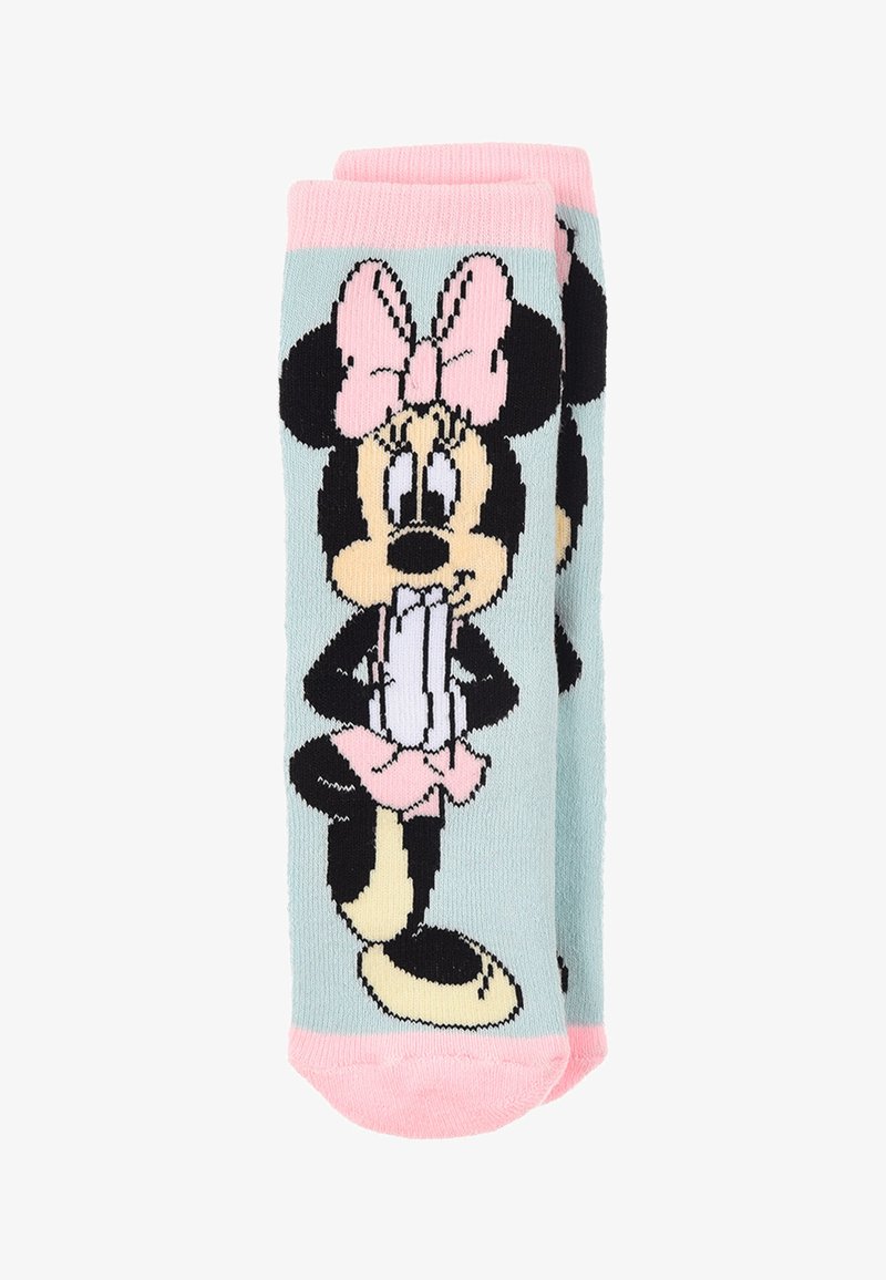 Kniestrümpfe mit einer schwarz-weißen Figur mit einer rosa Schleife auf hellem blauem Hintergrund, akzentuiert durch eine rosa Manschette und eine rosa Spitze.