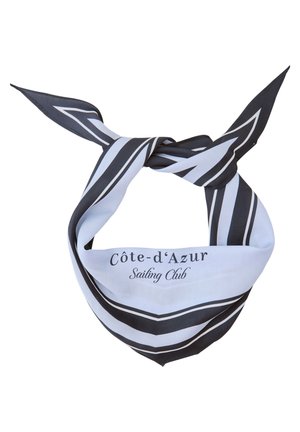 Foulard à rayures noires et blanches avec le texte « Côte-d'Azur Sailing Club », noué en un nœud avec des extrémités pointues.