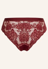 Bordeaux kanten slip met bloemmotieven, een doorzichtige textuur en een gesloten tailleband. Fijn afgewerkt langs de randen.