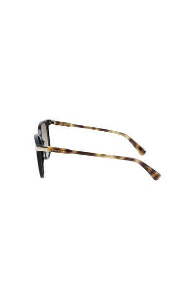 Schwarze und schildpattfarbene Sonnenbrille mit kantigen Rahmen, grauen Gläsern und schlanken Bügeln mit glänzender Oberfläche. Logo seitlich eingraviert.